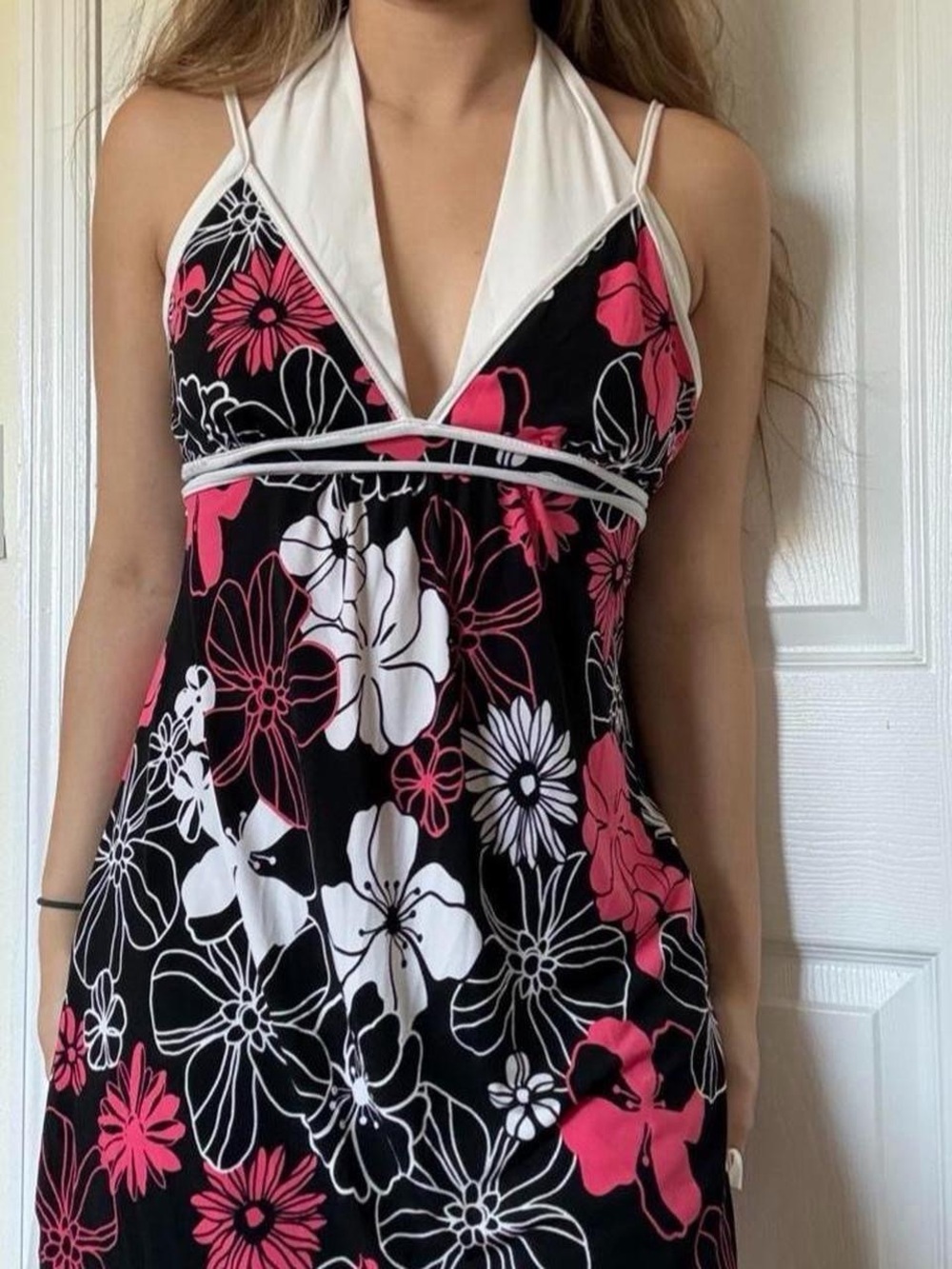 Girls' Black & Pink Floral Halter mini dress